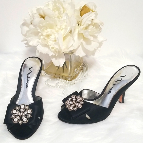 Nina Black Slide Heel Sandals with Rhinestones  Genuine Leather Sole - Picture 2 of 8